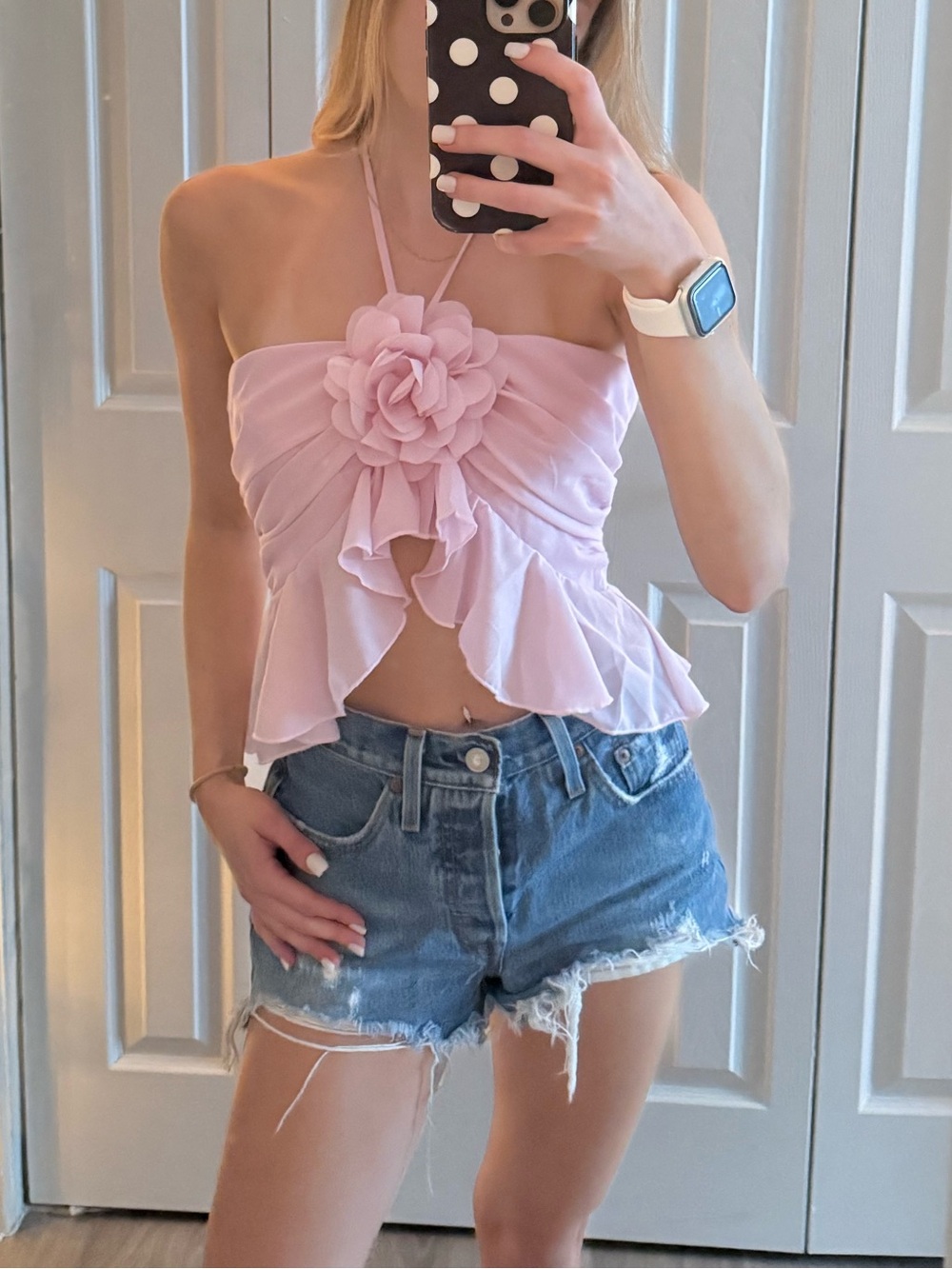 SHEIN Light Pink Floral Ruffle Halter Camisole